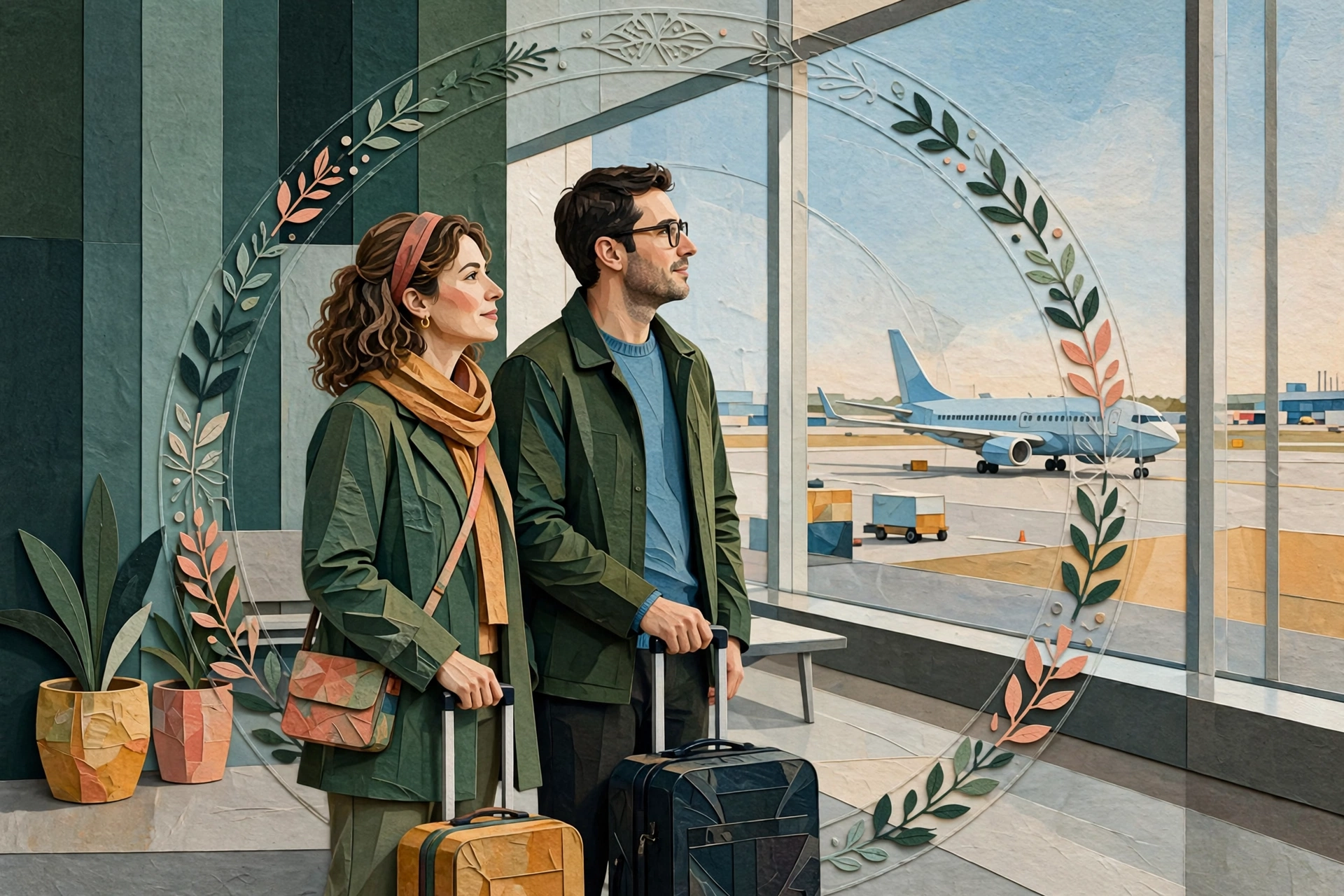 Illustration of travellers with luggage looking toward an airplane